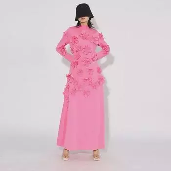 Весна 2025 Элегантное длинное платье в европейском и американском стиле: Французский стиль, воротник-стойка, кружево и цветочный дизайн Medium розовый