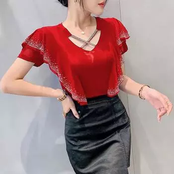 Весна 2025 Мода Сетка Ажурный Волан Длинный Рукав Женский Топ Medium красный