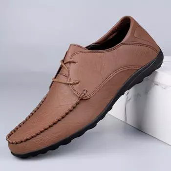 Весна 2025 Мужские кожаные лоферы большого размера на шнуровке: Новые модные туфли из микрофибры 41 темно-коричневого