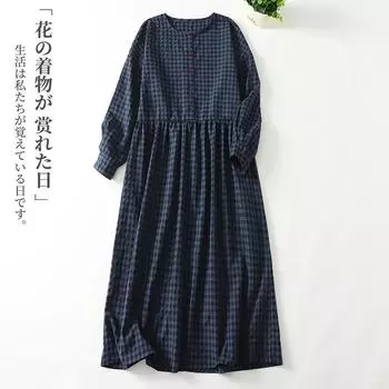 Весна 2025 новое ретро контрастного цвета клетчатое платье с длинным рукавом женское омолаживающее свободное с круглым вырезом повседневное длинное платье M