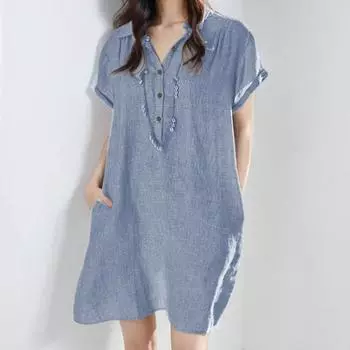 Весна 2025 Новое женское повседневное прямое платье с воротником-рубашкой и карманом S серый