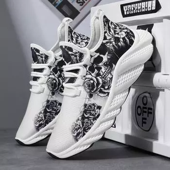 Весна 2025 Новые дышащие сетчатые кроссовки для бега из мухи Мужская обувь Корейская версия Модные трендовые туфли на платформе Одиночные туфли 39 белый