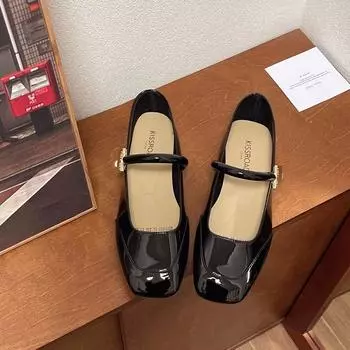 Весна 2025 новые красные туфли Мэри Джейн, высококлассные туфли из мелкой кожи с неглубоким вырезом, женские туфли 35 чёрный