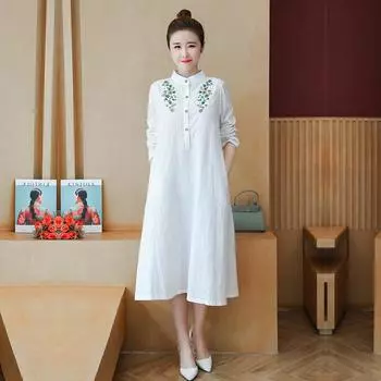 Весна 2025 новый этнический стиль вышитый хлопок и лен жаккардовая ткань свободное и удобное платье с длинными рукавами и воротником-стойкой Large size XL белый