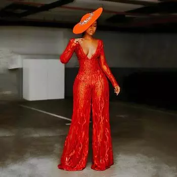 Весна 2025 новый цельный комбинезон с блестками на шее красного пламени женская одежда S красный