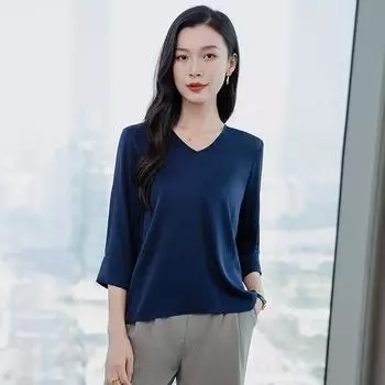 Весна 2025 Женская блузка из шелка тутового дерева с V-образным вырезом - Однотонная, Свободного кроя XXXL темно-синий