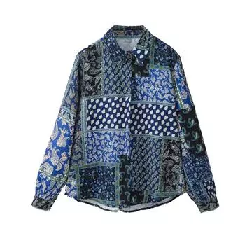 Весна 2025 Женская Европейская и Американская Рубашка из Шелкового Сатина с Лоскутным Принтом Medium