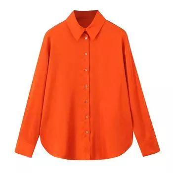 Весна 2025 Женская Европейская и Американская Рубашка с Лацканами из Шелкового Сатина с Длинным Рукавом Extra Small оранжевый/красный