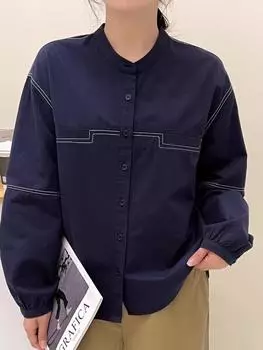 Весна 2025 Женская приталенная блузка с длинным рукавом и воротником-стойкой - Корейский стиль, повседневная, однотонная Large темно-синий