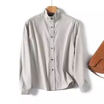Весна 2025 Женская универсальная хлопковая рубашка с длинным рукавом и воротником-стойкой Medium светло-серый
