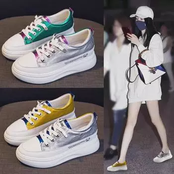 Весна 2025 Женские белые кожаные кроссовки на платформе, увеличивающие рост: Универсальная спортивная/повседневная обувь на толстой подошве. Size 40 фиолетовый/зелёный