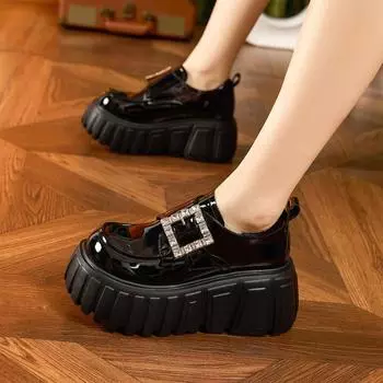 Весна 2025 Женские черные кожаные мокасины на толстой подошве: Модные, универсальные, увеличивающие рост туфли на платформе 34 бежевый