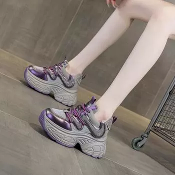 Весна 2025 Женские кроссовки для пап: Модные, увеличивающие рост, повседневные туфли на шнуровке с толстой подошвой 36 серебряный