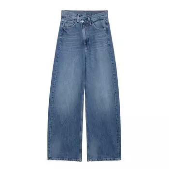 Весна 2025 Женские облегающие джинсы из денима с высокой посадкой и прямыми штанинами, двубортные, с изогнутым лезвием Extra Small темно-синий