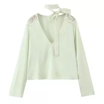 Весна 2025 Женский Европейский и Американский Стиль Кружево Сатин Пуловер XS светло-зеленый