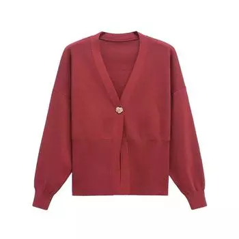 Весна 2025 Женский повседневный трикотажный топ с V-образным вырезом - Простой, Универсальный, На одной пуговице, С длинным рукавом Large кирпич красный