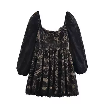 Весна 2025 Женское платье большого размера с кружевом и рукавами-буфами - Модный европейский и американский стиль XL чёрный