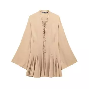 Весна 2025 Женское платье свободного кроя в европейском и американском стиле с отделкой завязками L хаки