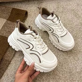 Весна, большие размеры, маленькие белые туфли на толстой подошве, маленькие туфли для пап, увеличивающие рост, женские сетчатые дышащие студенческие спортивные туфли 35 бежевый