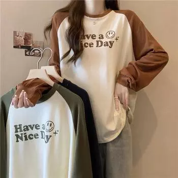 Весна Harajuku чистый хлопок Длинные рукава Футболки с буквами Женская повседневная футболка с буквенным принтом большого размера Уличная одежда Осень Y2k Эстетические топы M зелёный