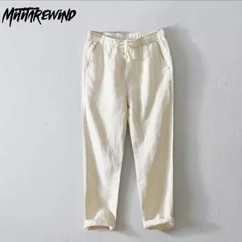 Весна и лето 100% льняные мужские брюки повседневные свежие повседневные брюки дышащие пляжные брюки Nine Point прямые брюки с эластичной резинкой на талии 9 цветов M белый