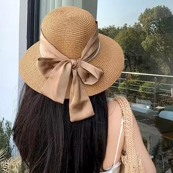 Весна и лето 2024 элегантная жемчужная соломенная шляпа с козырьком из французской солнцезащитной ткани, шляпа-ведро с тазиком no specification