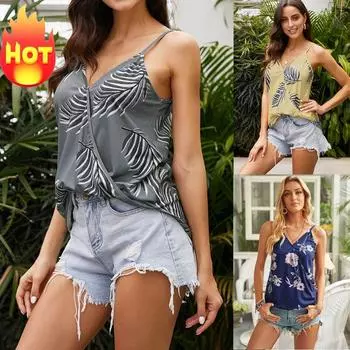 Весна и лето 2024, европейские и американские модные повседневные пляжные женские новые свободные праздничные топы с подтяжками в богемном стиле с принтом для женщин XS серый