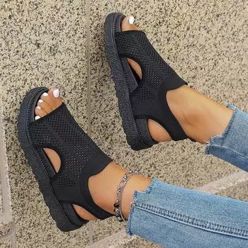 Весна и лето 2024 года, большие размеры, толстая подошва, красивые ноги, вязание, последняя тенденция, сетка, спортивные, толстая подошва, не устают ноги, удобные сандалии 36 чёрный
