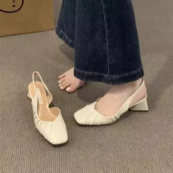 Весна и лето 2024 года, новые туфли на высоком каблуке с сумкой сзади, пустые босоножки, женская обувь, толстый каблук, легкий рот, французский нежный ветер, одиночные туфли, женская обувь 35 чёрный