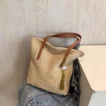 Весна и лето 2024 года, новый трендовый стиль соломы, темперамент, большая вместимость, популярная сумка-тоут на одно плечо под мышкой белый