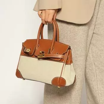 Весна и лето 2025 г. Женская большая контрастная сумка-мессенджер из парусины и кожи — повседневная, мягкая и вместительная сумка коричневый