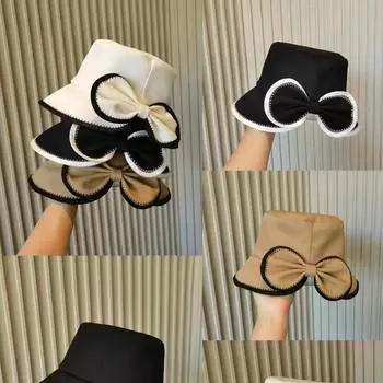 Весна и лето 2025 года, новая однотонная шляпа-ведро с бантом, женская литературная и элегантная шляпа для отдыха, декоративная шляпа от солнца M56-58cm чёрный