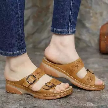 Весна и лето 2025 года, новые односложные классные тапочки на плоской подошве, женские повседневные тапочки большого размера с пряжкой на ремне, пляжная обувь на платформе 35 жёлтый