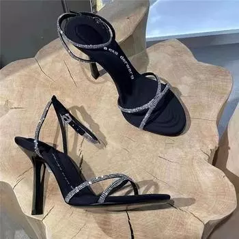 Весна и лето 2025 года, новые туфли на высоком каблуке со стразами и буквами, сексуальные туфли-шпильки с открытым носком, женские сандалии 34
