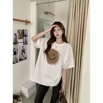 Весна и лето 2025 мультяшный принт смайлик универсальная свободная хлопковая футболка с коротким рукавом женская средней длины ленивая футболка с рукавом до локтя S
