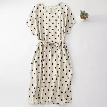 Весна и лето 2025 новый ретро высококачественный в горошек хлопок и лен платье для женского свободного и тонкого V-образного выреза с коротким рукавом А-силуэта длинное платье M