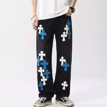 Весна и Лето Американский Хай-стрит Кросс Джинсы Мужские Свободные Прямые Широкие Брюки S чёрный