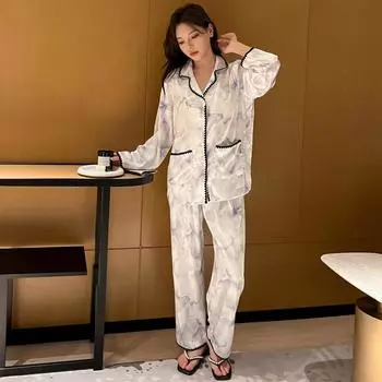 Весна и лето атласная пижама Ice Silk женская повседневная рубашка комплект пижамы Ice Silk M