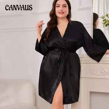Весна и лето Большие размеры сексуальный спальный халат однотонный цвет домашняя пижама свободный кардиган банный халат с завязкой XL чёрный