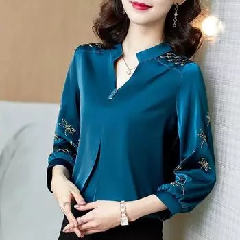 Весна и лето Большой размер Свободная и тонкая футболка Женская рубашка с V-образным вырезом и вышитым рукавом три четверти 5XL чёрный