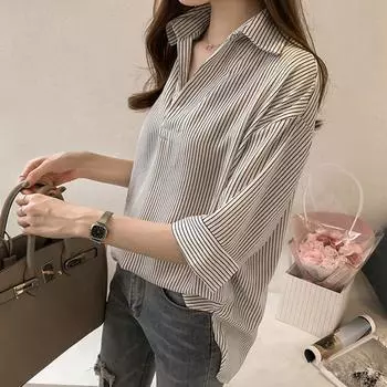 Весна и лето Большой размер свободная тонкая полосатая рубашка женская блузка с рукавом семь минут универсальная повседневная винтажная базовая офисная повседневная женская рубашка M розовый