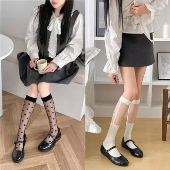 Весна и лето, черно-белые чулки в горошек с кристаллами, женские средние носки с дышащей сеткой и хлопковой подошвой до икр, Лолита average size