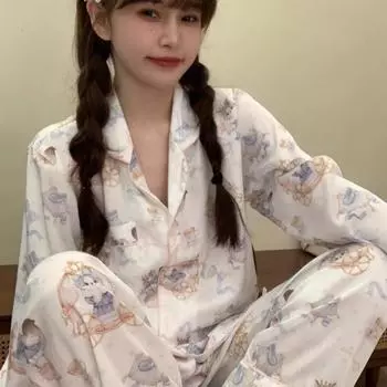Весна и лето Девочки Милый Котенок Печатный Лед Шелковый Длинный Рукав Пижама Женский Кардиган Брюки Домашняя Одежда Костюм M бежевый