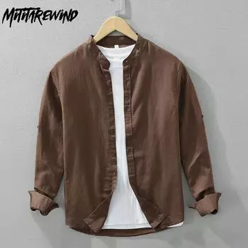 Весна и лето Длинные рукава Мужские рубашки Повседневный Базовый Топ Стоячий Воротник Хлопок Льняной Однотонный Рубашка Простой Стиль Мужская Одежда S чёрный