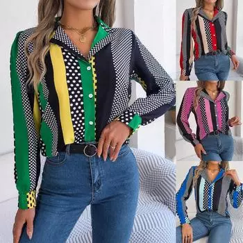 Весна и лето для поездок на работу, темперамент, контрастная рубашка в горошек с воротником и длинными рукавами S синий