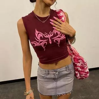 Весна и лето Европейский и Американский повседневный женский безрукавный топ с принтом Готический жилет Y2K S бордовый