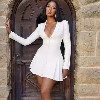 Весна и лето Европейский и американский стиль женская мода сексуальный однотонный однобортный плиссированная юбка глубокий V длинный рукав платье L белый
