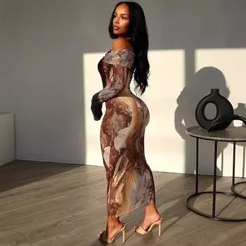 Весна и лето Европейский и американский стиль ретро принт сексуальное одно плечо с длинными рукавами одно платье женская одежда L