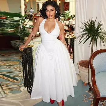 Весна и лето Европейский и Американский стиль, сексуальная и модная женская одежда, однотонное платье с открытыми плечами, платье-пуловер без рукавов L белый