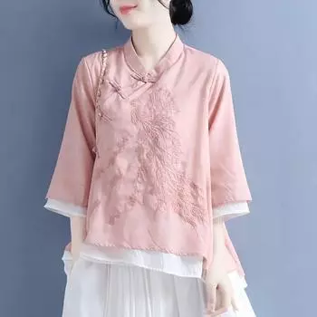 Весна и лето хлопковая и льняная рубашка в китайском стиле для женщин, вышитая литературная ретро-дисковая пряжка, диагональная блузка с рукавом три четверти для женщин XXXXL белый